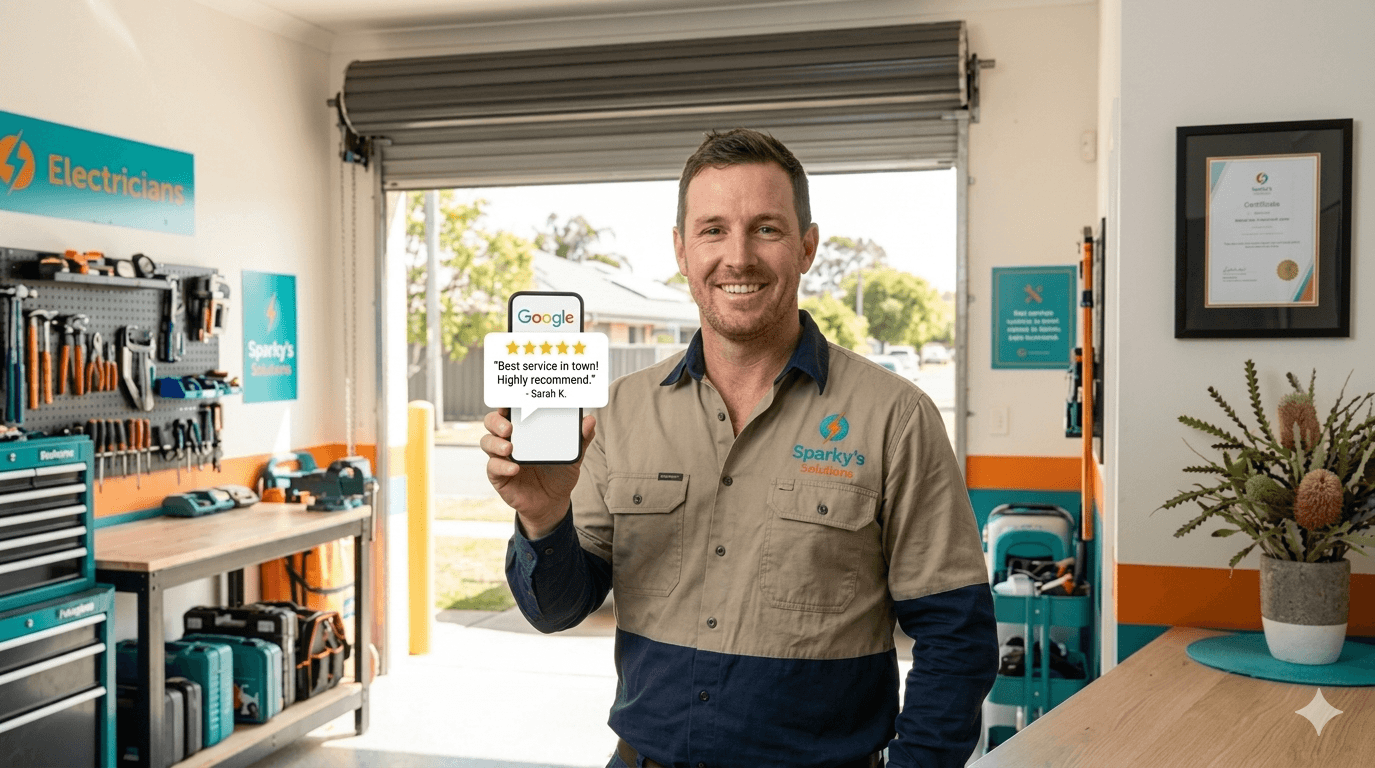 Electrician showing a 5-star Google review on a phone in a workshop