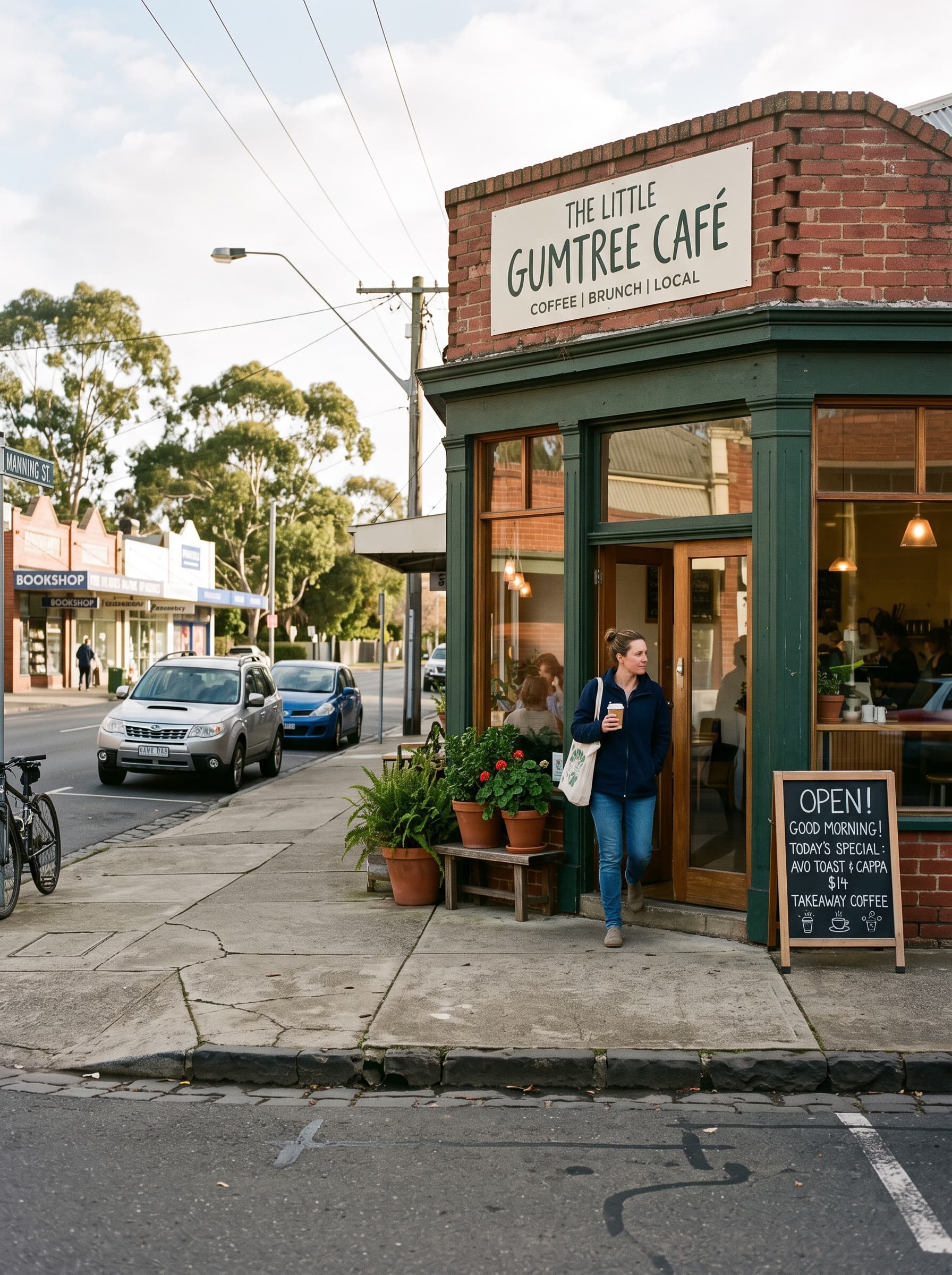 A small Australian corner café shopfront in the morning, a customer leaving with a takeaway coffee