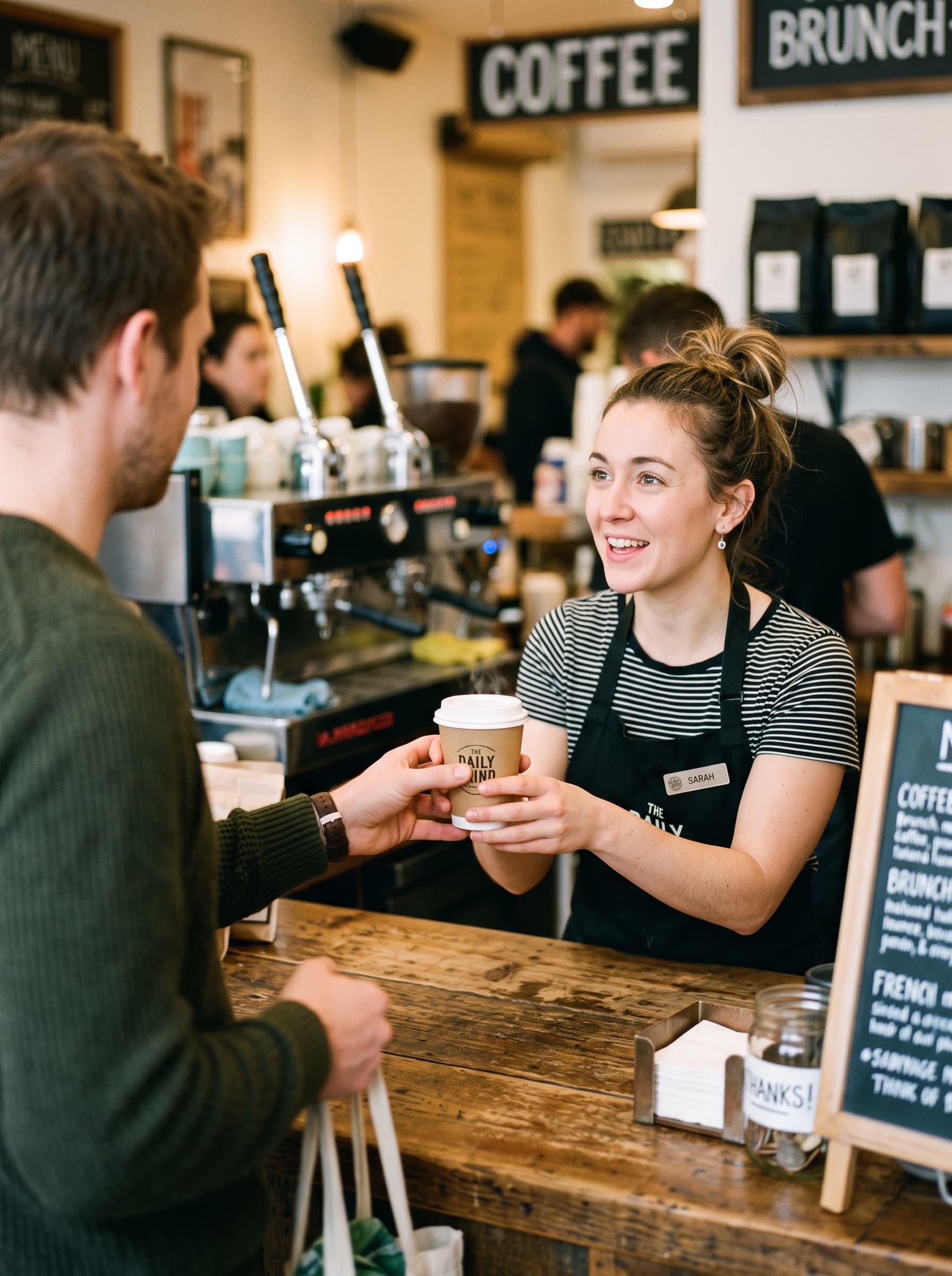 A barista handing a takeaway coffee across a timber counter to a customer