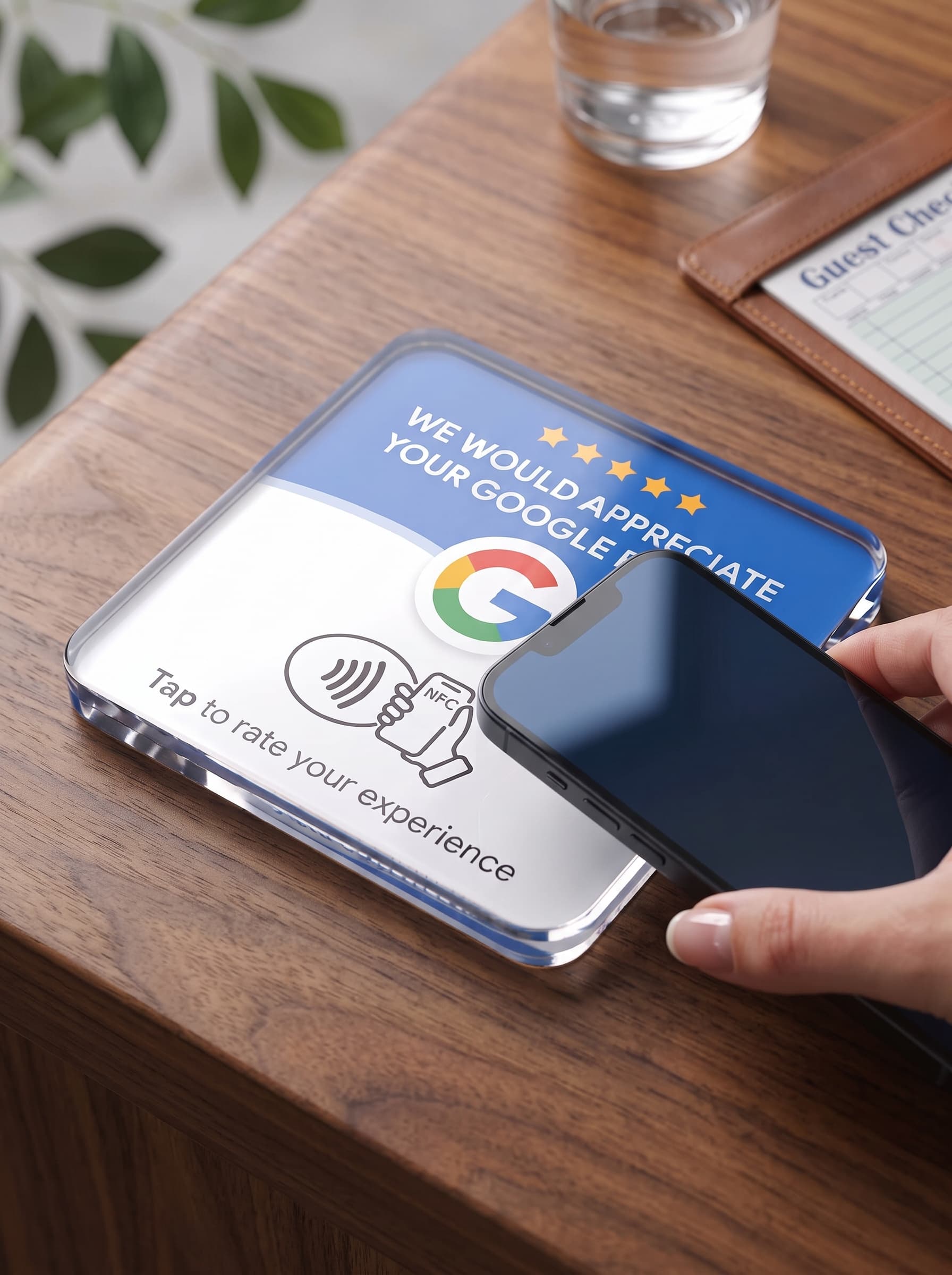 A hand holding a phone against an acrylic review block on a timber counter