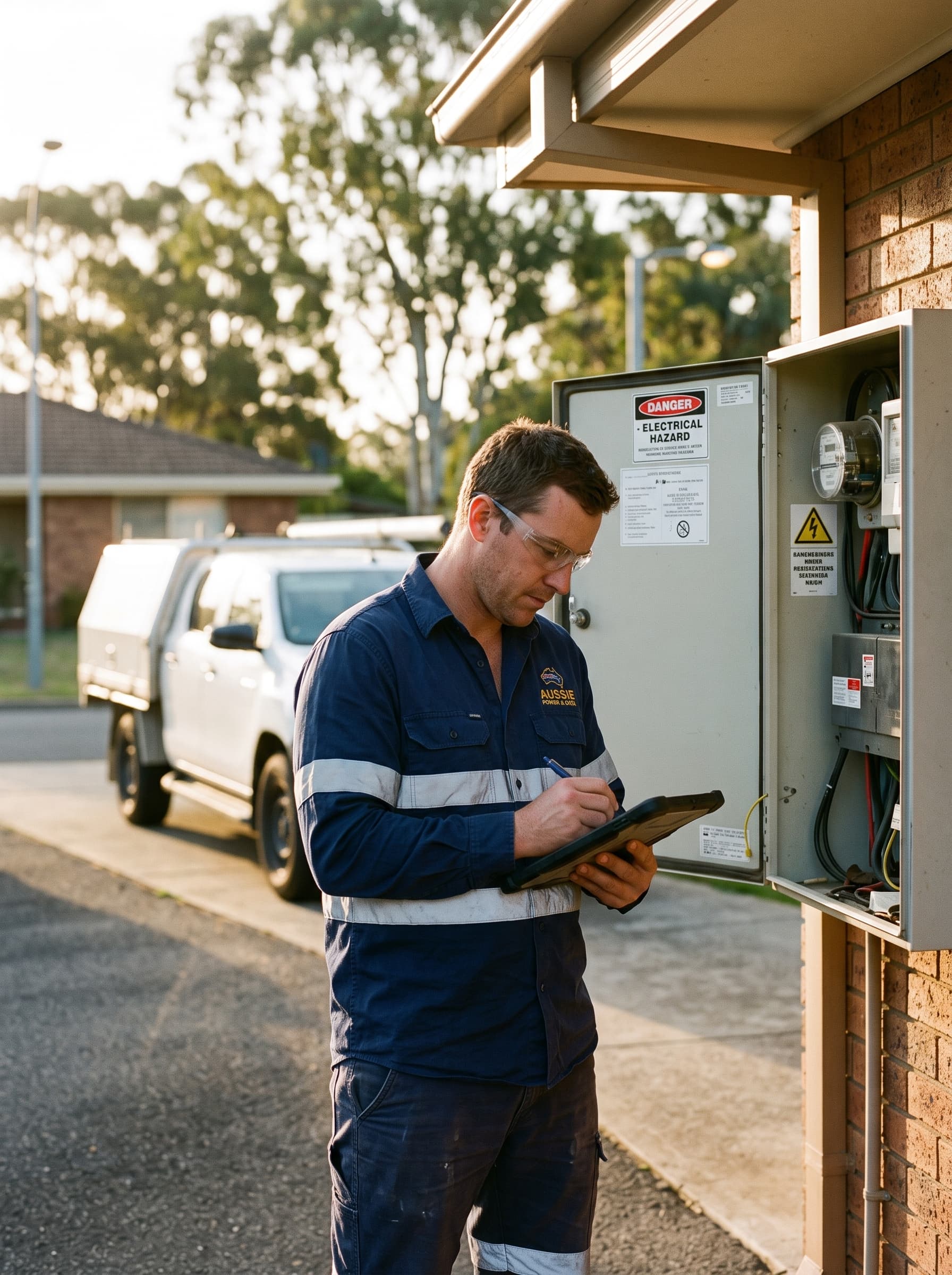 An electrician writing up a job at an open meter box, ute in the driveway