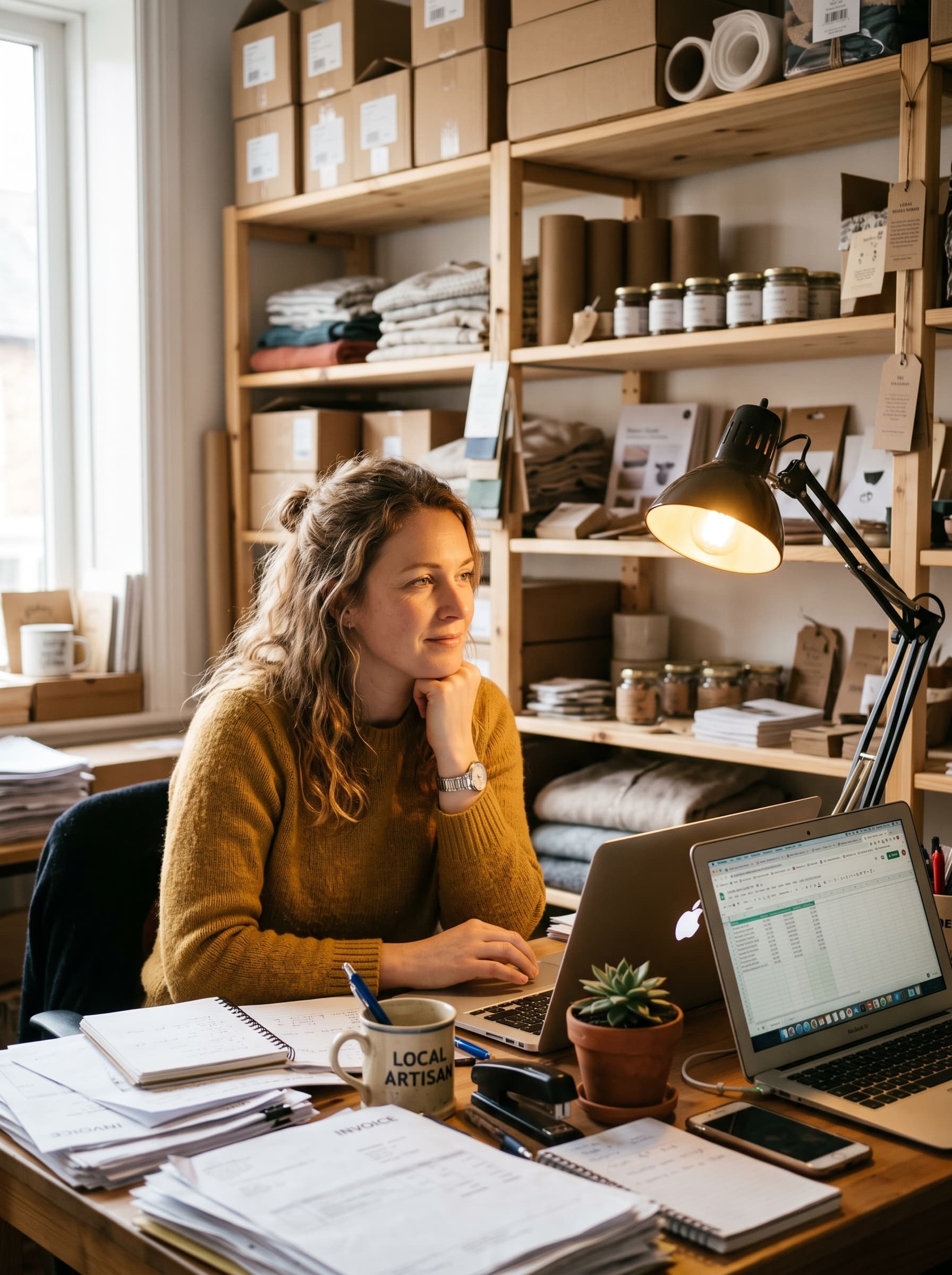 A small-business owner thinking at a back-office desk surrounded by stock and paperwork
