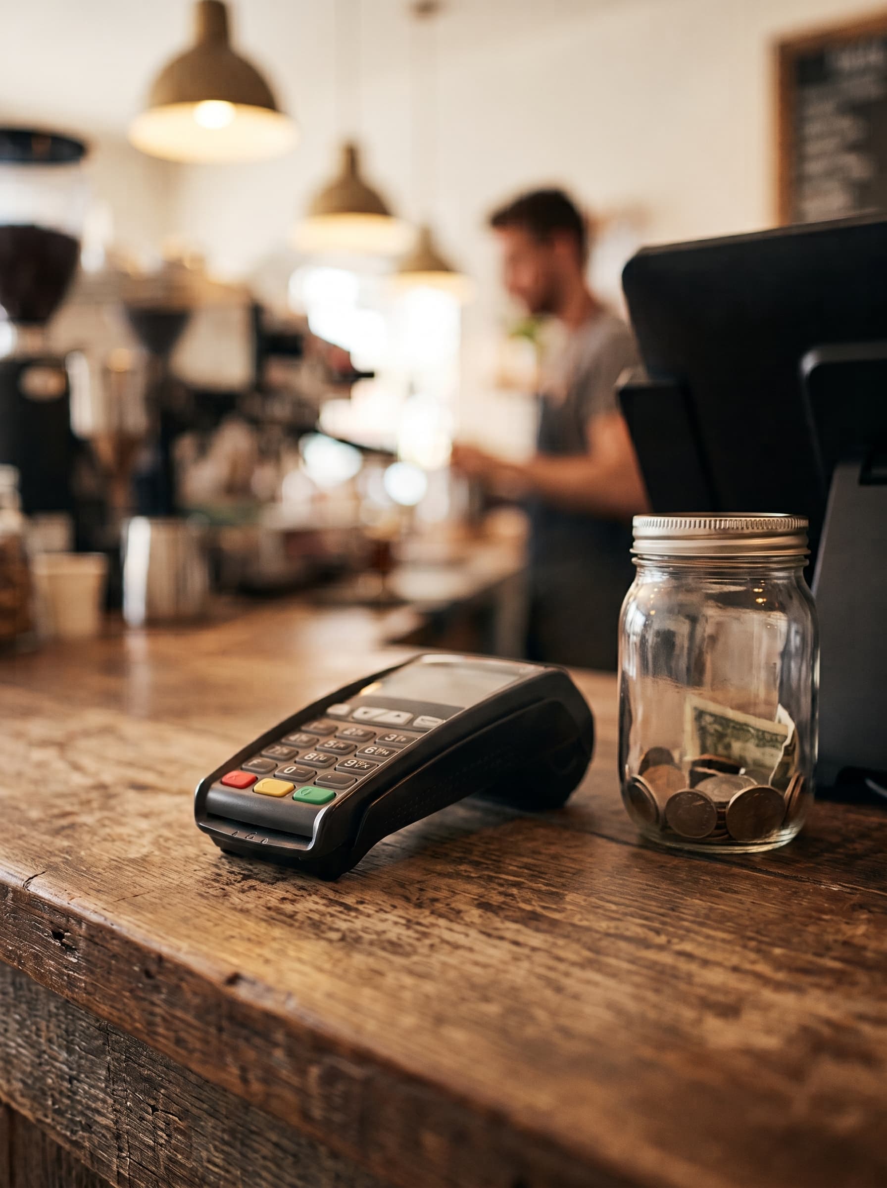 A café counter with a card reader and a tip jar beside the register